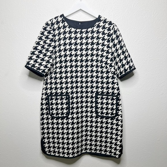 WORTH Houndstooth Wool Flannel Short Sleeve Shift Dress Mod Dark Academia Sz 16 - Picture 1 of 8